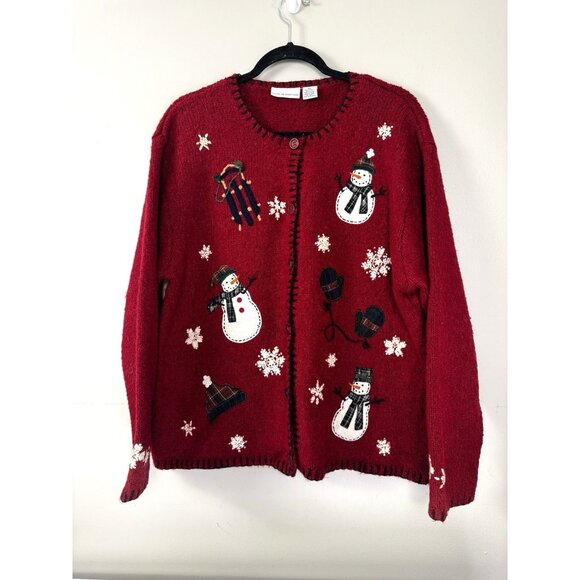 VTG Croft & Barrow XL Deep Red Winter Silk Wool Cardigan Sweater Holiday Granny - Picture 1 of 16